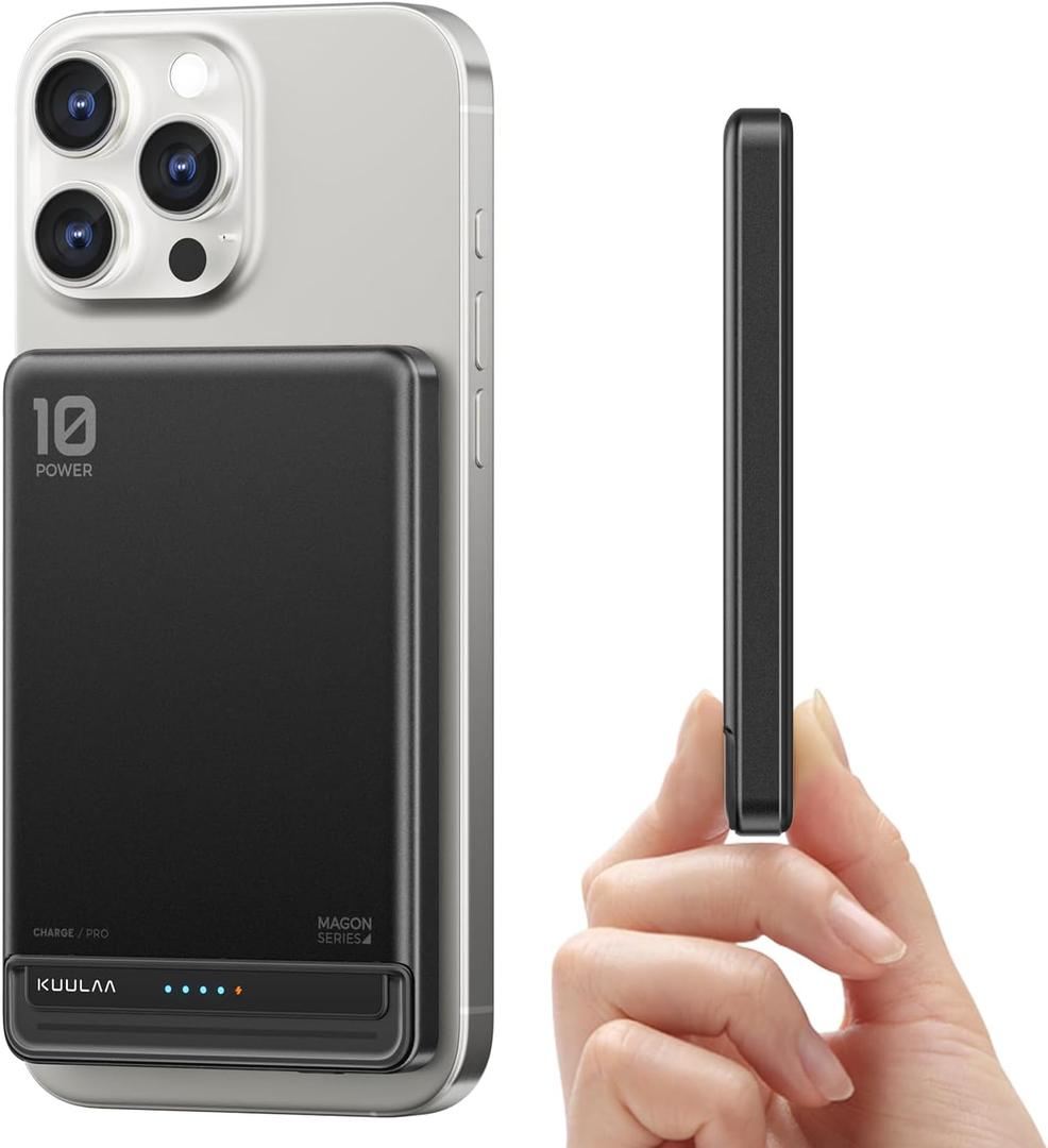 Kuulaa 10000mAh MagSafe Battery Pack, 0.51in Ultra Slim Magnetic Power Bank with LED Indicator, 20W PD USB-C Fast Charging Portable Charger for iPhone 17/16/15/14/13/12,Black