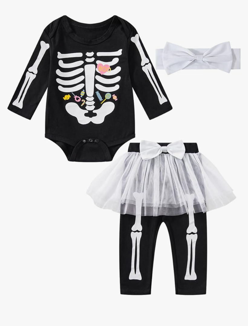 Newborn Baby Girls Skeleton Costume Outfit Funny Halloween Skull Tulle Skirt Romper Pants Set, Black, 18-24 Monts