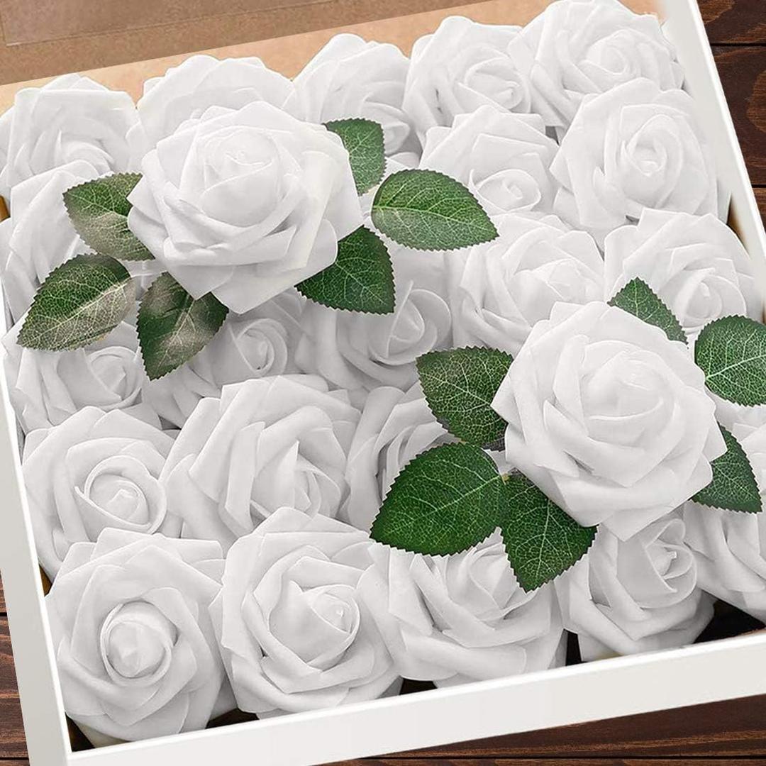 Artificial Flowers 25pcs Real Looking Fake Roses with Stems for DIY Wedding Bouquets Baby Shower Centerpieces Floral Arrangements Party Tables Home Decorations (White)