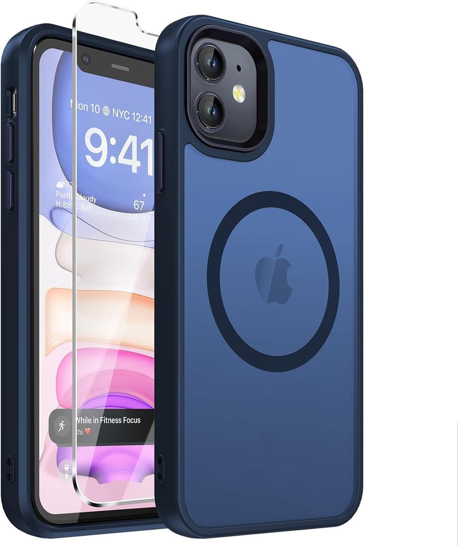 DEERLAMN Magnetic for iPhone 11 Case Matte, with Screen Protector, [Compatible with MagSafe][Military Grade Drop Protection] Translucent Shockproof Phone Bumper Cover-Blue