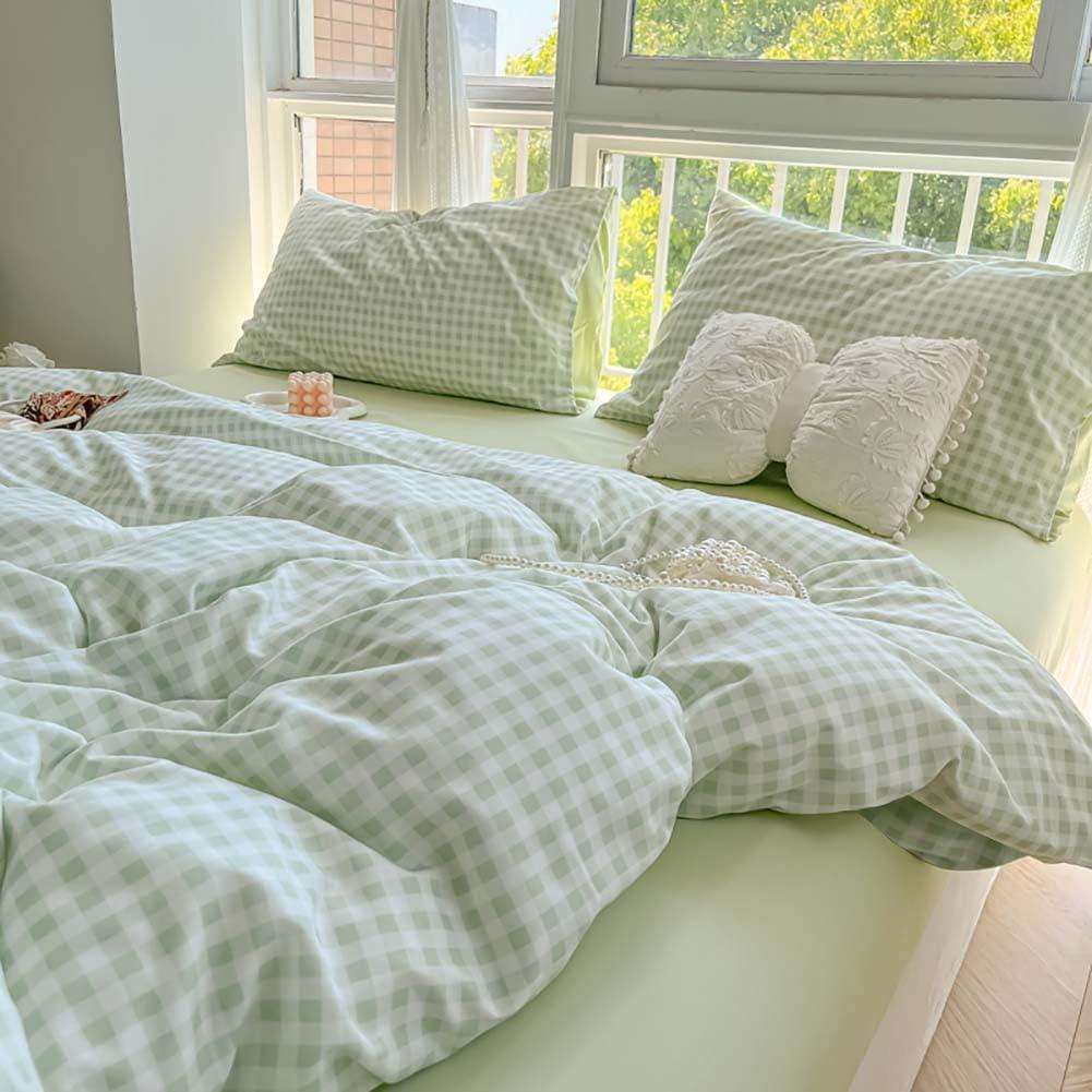 Nayoroom Green Gingham Duvet Cover Queen Size Plaid Dorm Bedding Set 3 Pieces Grid Checkered Duvet Cover with 2 Pillowcases, Soft Breathable Washed Microfiber