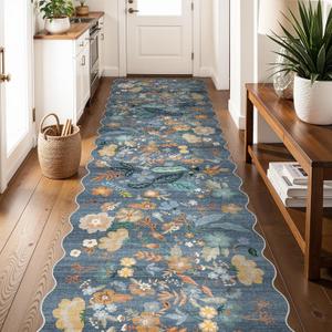 3x12 Runner Scalloped Rug for Hallway: Washable Non Slip Floral Rug for Kitchen Entryway Bathroom - Soft Low Pile Long Flower Carpet Runners for Hallway 12ft - Boho Chic Decor (3x12 Blue)