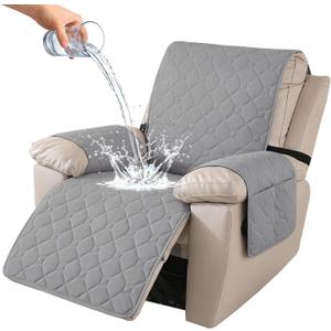 100% Waterproof Recliner Chair Covers, Recliner Cover Stay in Place, Chair Covers for Recliners, Recliner Covers Washable with Pocket, Elastic Straps for Pets, Dogs and Kids (Light Gray, 30")