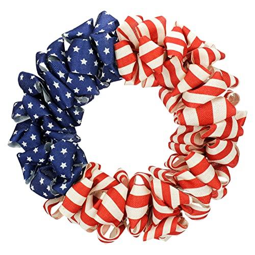 Yunlly 4th of July Patriotic Wreath for Front Door 16 Inch American Flag Wreath Red White and Blue USA Burlap Summer Independence Day Door Decorations for Memorial Independence Veterans Day
