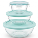 3 Peice Set Of Clear Glass Bowls With Blue Lids Clear Salad Bowls with BAP-Free Lids for Kitchen, Oven Microwave Dishwasher Safe