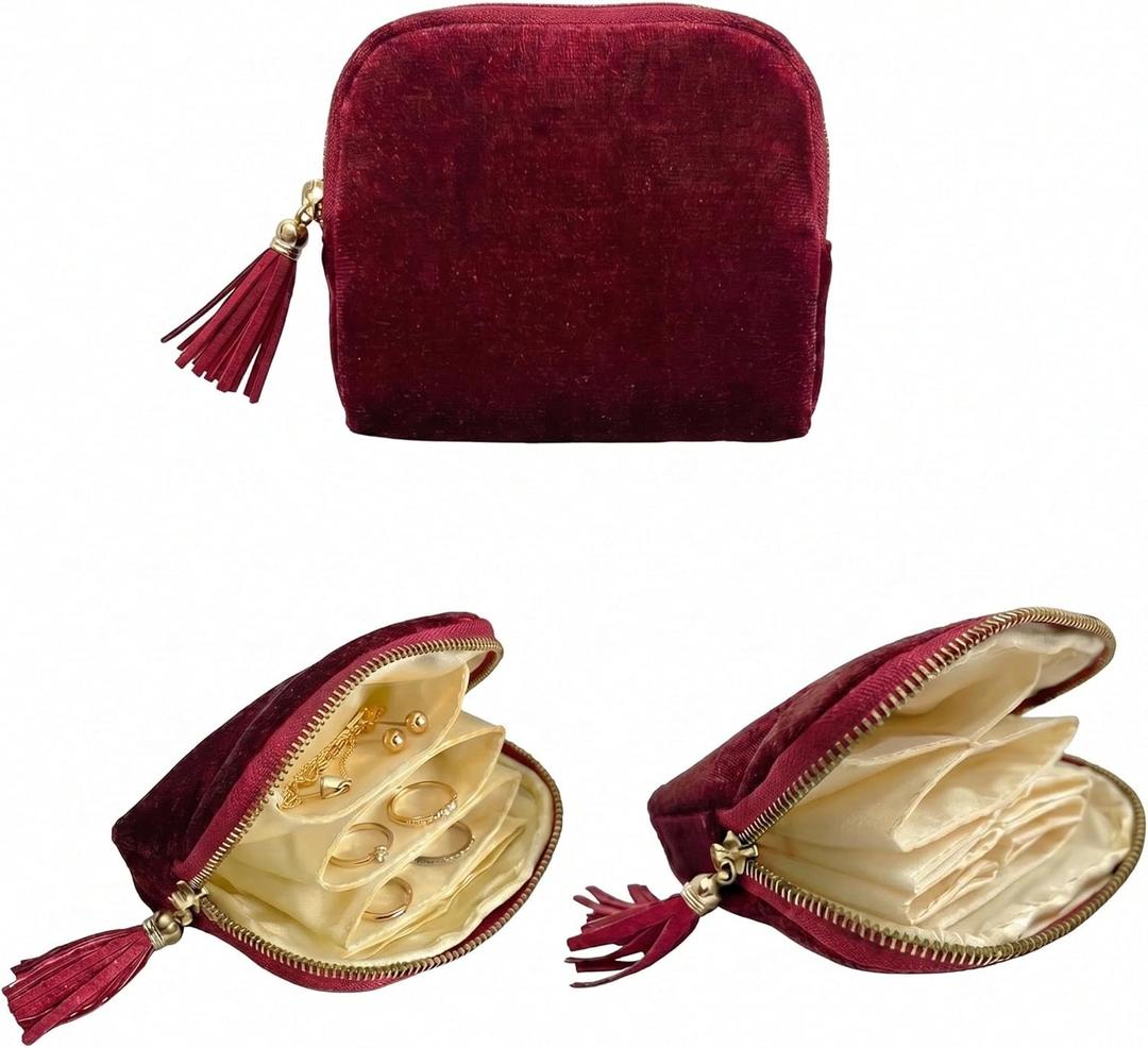 5.3" x 4.7" Small Travel Jewelry Case, Velvet Pouch with Tassel Zipper, Portable Organizer for Rings Earrings, Anti-Scratch Storage for Travel & Daily Use (Burgundy Red)