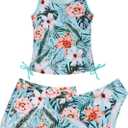 Patgoal Girls 3 Piece Bathing Suit Summer Racerback Top Bikini Swimsuit with Shorts Beach Tankini Sets (9-10 Years, Light Blue + Floral)
