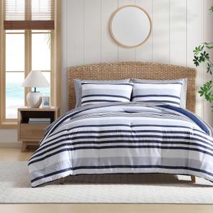 Nautica - Full Comforter Set, 7 Piece Soft Microfiber Bed in a Bag with Bed Sheets and Pillowcases, Lightweight All-Season Comforter, Reversible Stripe Design, Palm Coast Stripe Blue