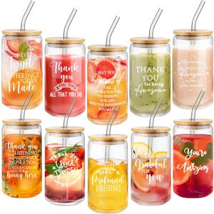 Irenare 10 Pcs Employee Appreciation Gift Bulk 16 oz Glass Cup Thank You Can Shaped Glass Cup with Lid Straw Valentines Inspirational Gift for Coworker Nurse Women Teacher Graduation