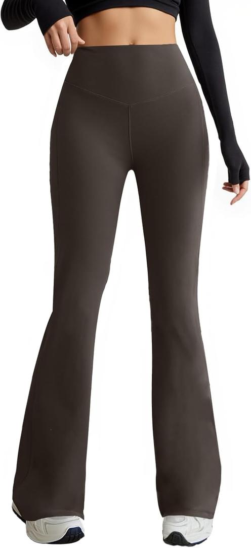 Flare Leggings for Women High Waist Yoga Pants with Pockets Tummy Control Workout Gym Bootcut Leggings (Large, Brown)