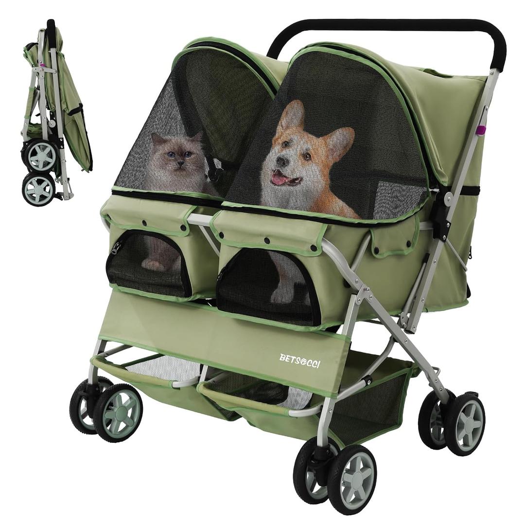 Double Pet Stroller for 2 Small Dogs & Cats, Side-by-Side Twin Travel Carriage with Safety Leashes, Mesh Windows & Double Storage Baskets, Lightweight & Foldable, 44lbs Capacity, Green