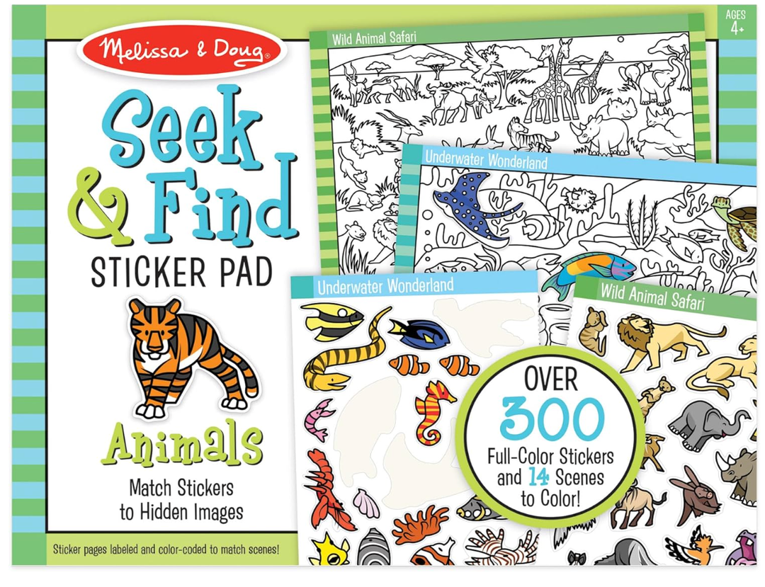Melissa & Doug Seek & Find Sticker Pad – Animals, 400+ Stickers & 14 Scenes to Color, Search & Find Sticker Activity Pad for Coloring & Matching, Creative Learning Toys for Kids 4+ - FSC Certified