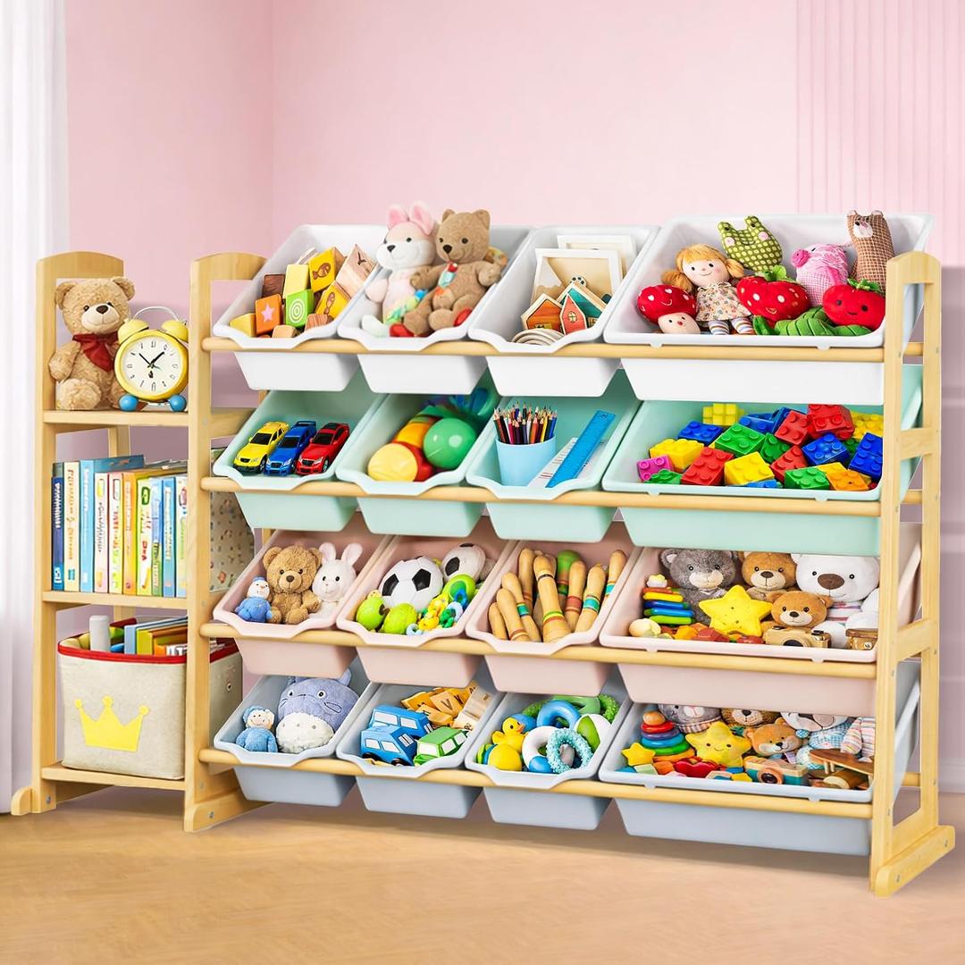 Kids Toy Storage Organizer with Bookshelf Wooden Shelf with 16 Bins & 3 Shelves, Quick Assembly Storage Rack for Playroom, Bedroom, Nursery Colorful