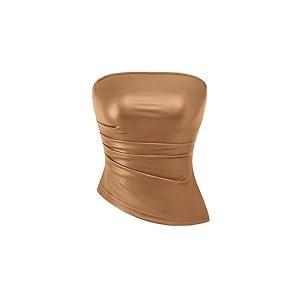 PRETTYGARDEN Women's Faux Leather Tube Tops 2025 Summer Strapless Asymmetrical Ruched Bandeau Shirts Going Out Club Outfits M