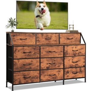 TV Stand Dresser with 12 Drawers, Up to 55" TV Stand with Power Outlets, Bedroom Dresser, Chest of Drawers for 65'' Long TV, Entertainment Center for Living Room (Rustic Brown)