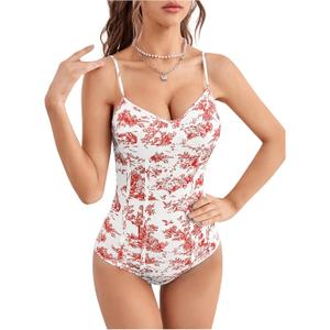 WDIRARA Women's Plant Figure Print Spaghetti Strap Shirt Sleeveless Cami Bodysuit (White, L)