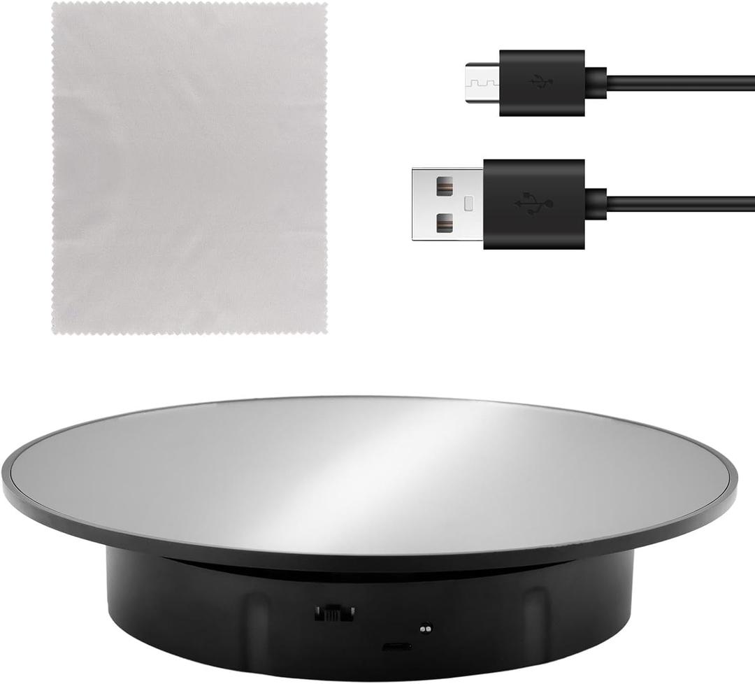 CALIDAKA Motorized Rotating Display Turntable with 1 Cleaning Cloth, 360 Degree Rotating Display Stand for Photography Products and Shows, 7.87inch /17.6lbs Load, Dual Power Supply Method