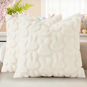decorUhome Easter Bunny Pillow Covers 18x18 Inch Set of 2, Soft Plush Faux Wool Jacquard Cream White Rabbit Cushion Covers, Farmhouse Neutral Spring Easter Holiday Decor for Couch Sofa Bed