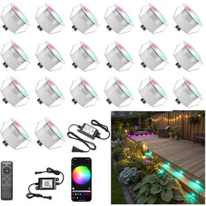 Smart LED Deck Light Kits - 20 Pack of 1.22" Low Voltage Recessed RGB Deck Lights IP67 Waterproof for Outdoor Landscape Lighting on Steps, Floors & Pathways, Compatible with Alexa & Google Assistant
