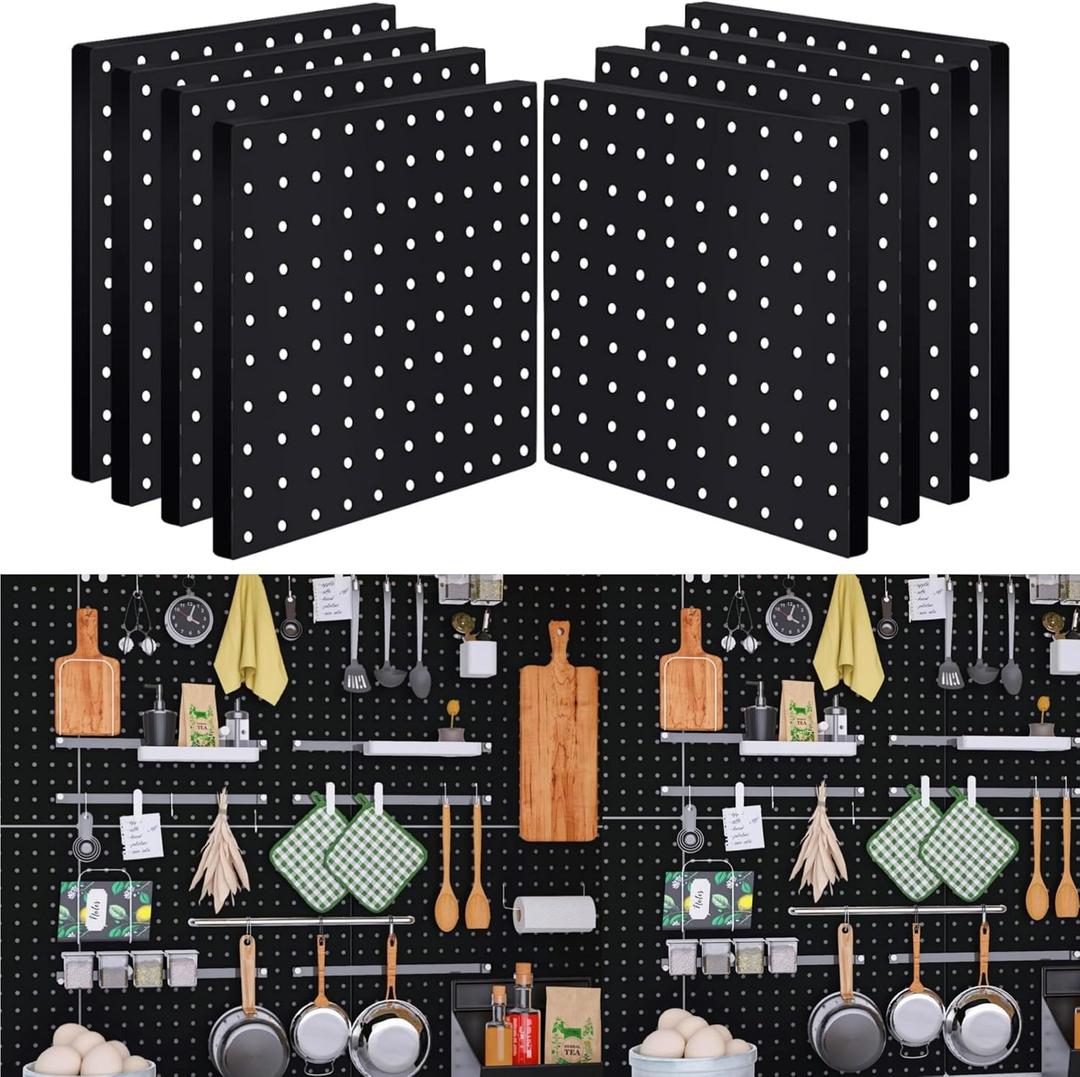 LANSI 8Pcs Pegboard Wall Organizer Panels Black ABS Pegboard Wall Mount for Home, Craft Room, Garage, Kitchen, Workshop, Tool Organization, 10 * 10in Peg Boards. (No Hooks and Bins).