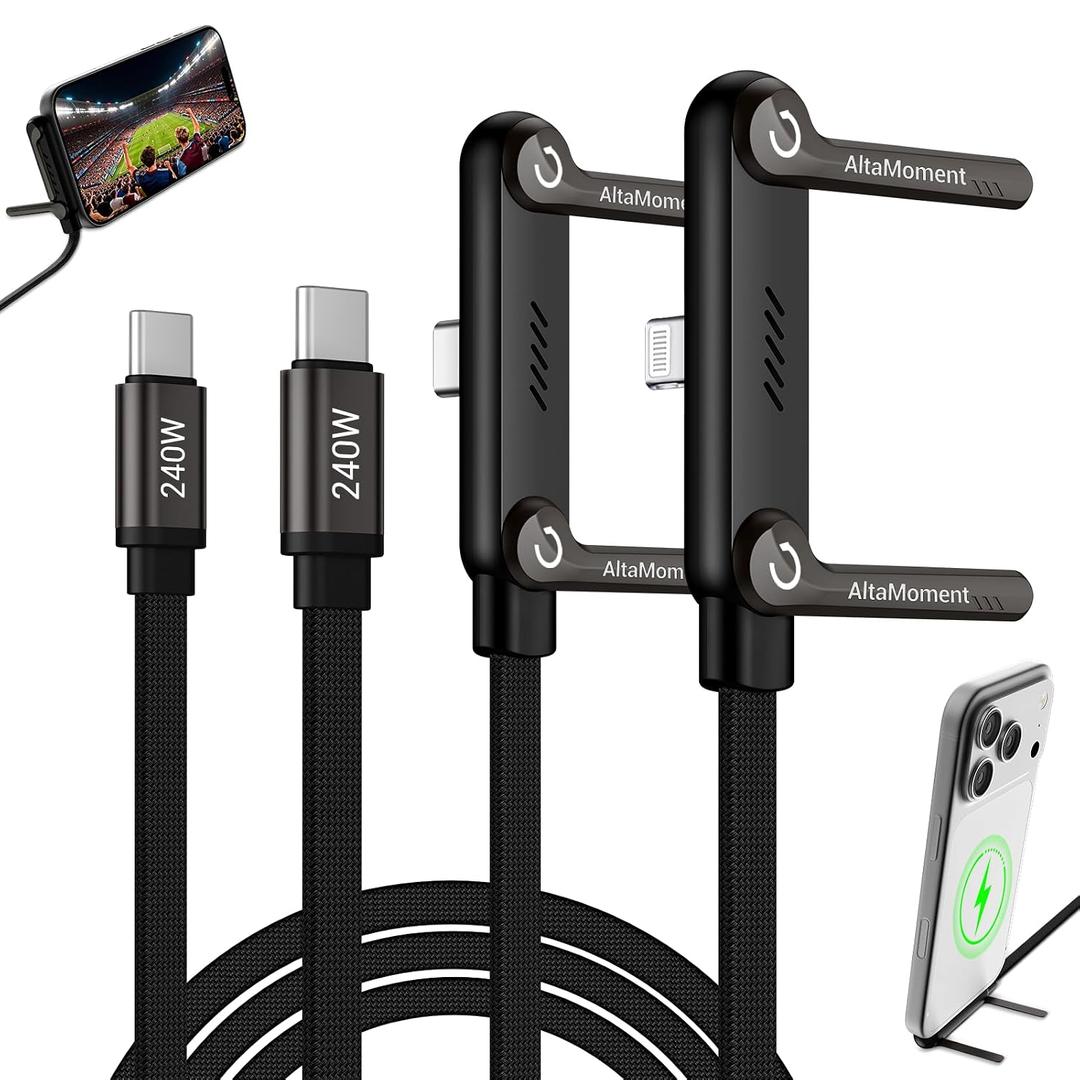 Invisible Holder Charger Cable, 240W PD Fast Charging Cable for Desk, USB-C to USB-C & USB to Light-ning Cable 4.9 FT with 360 Adjustable Metal Stand, 2 in 1 Holder Charger for Gaming, Office, Home