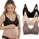 3 Pack Nursing Bras for Breastfeeding, Seamless Maternity Bra Women Pregnancy with Extra Bra Extenders & Clips (Black Beige Grey)