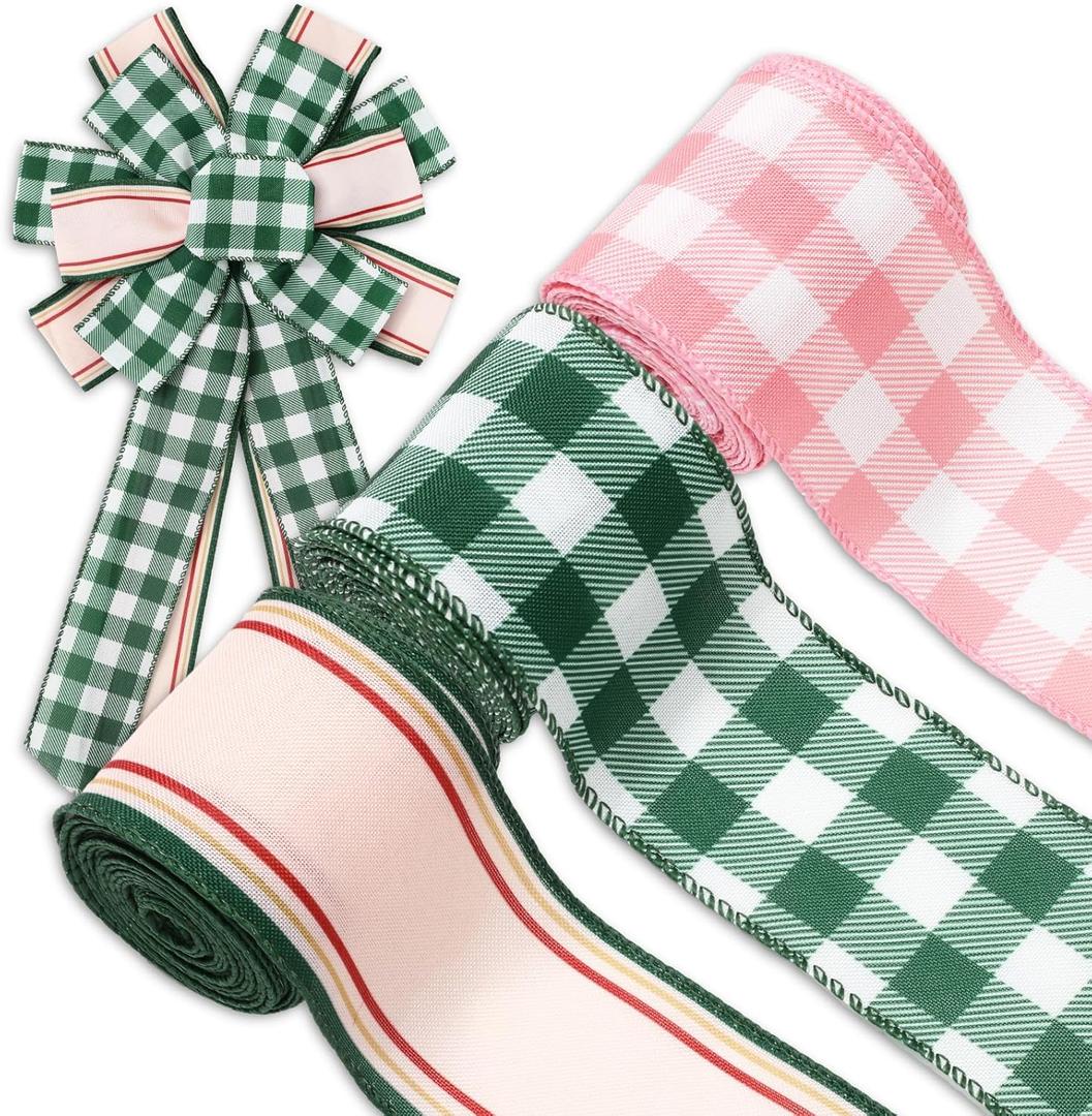 Gingham Wired Edge Ribbon 2.5 Inch Pink Green Plaid Fabric Wrapping Ribbon for DIY Crafts Wreath Bow Making Supplies, 18 Yard Gingham Wired Edge Ribbon 2.5 Inch Pink Green Plaid Fabric Wrapping Ribbon for DIY Crafts Wreath Bow Making Supplies, 18 Yard