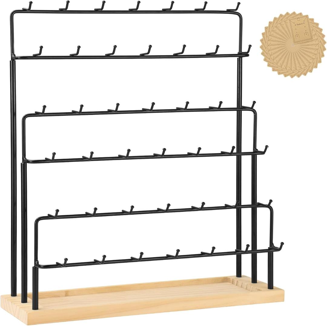 Earring Display for Vendors 6 Tier 42 Hooks Wood Earring Display Rack Holder for Earrings Necklaces Rings Bracelets Keychains (Black)