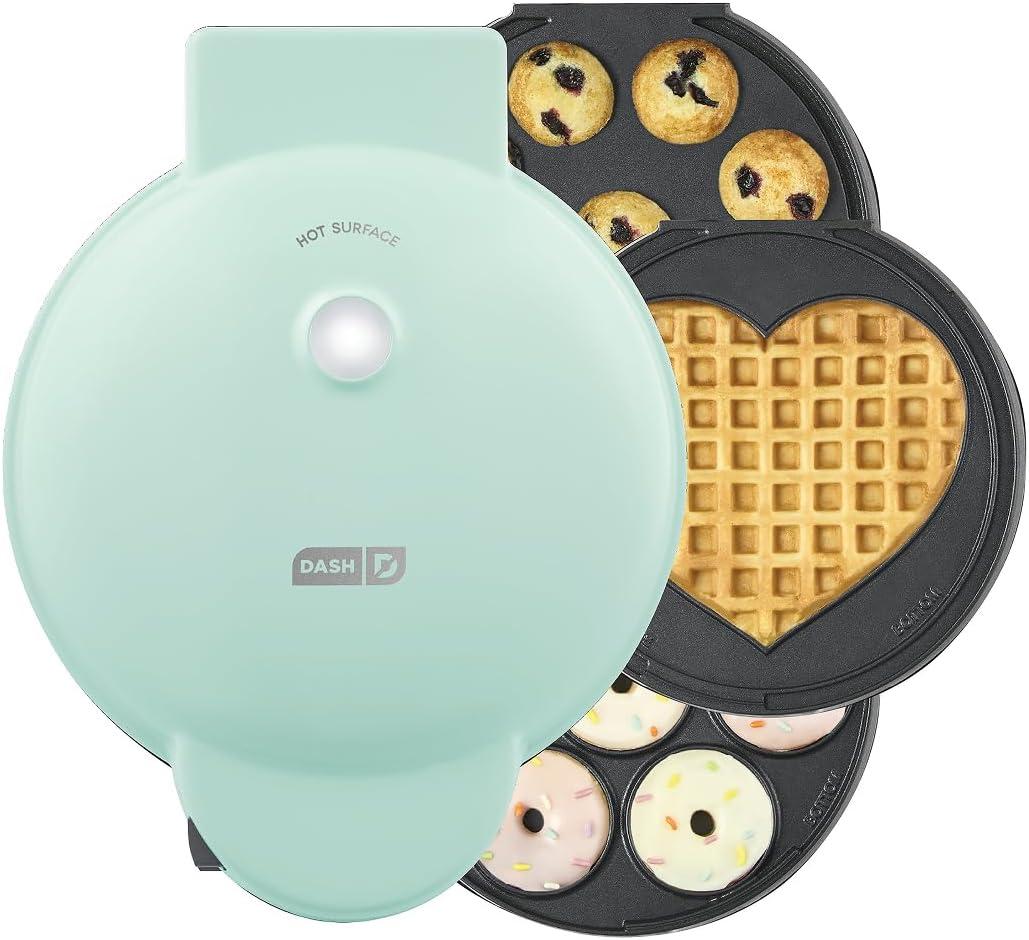 Dash MultiMaker Treat Maker System - Make Mini Donuts, Cupcakes & Heart-Shaped Waffles - Interchangeable Plate Design - dishwasher safe Parts for Easy Cleanup - Aqua