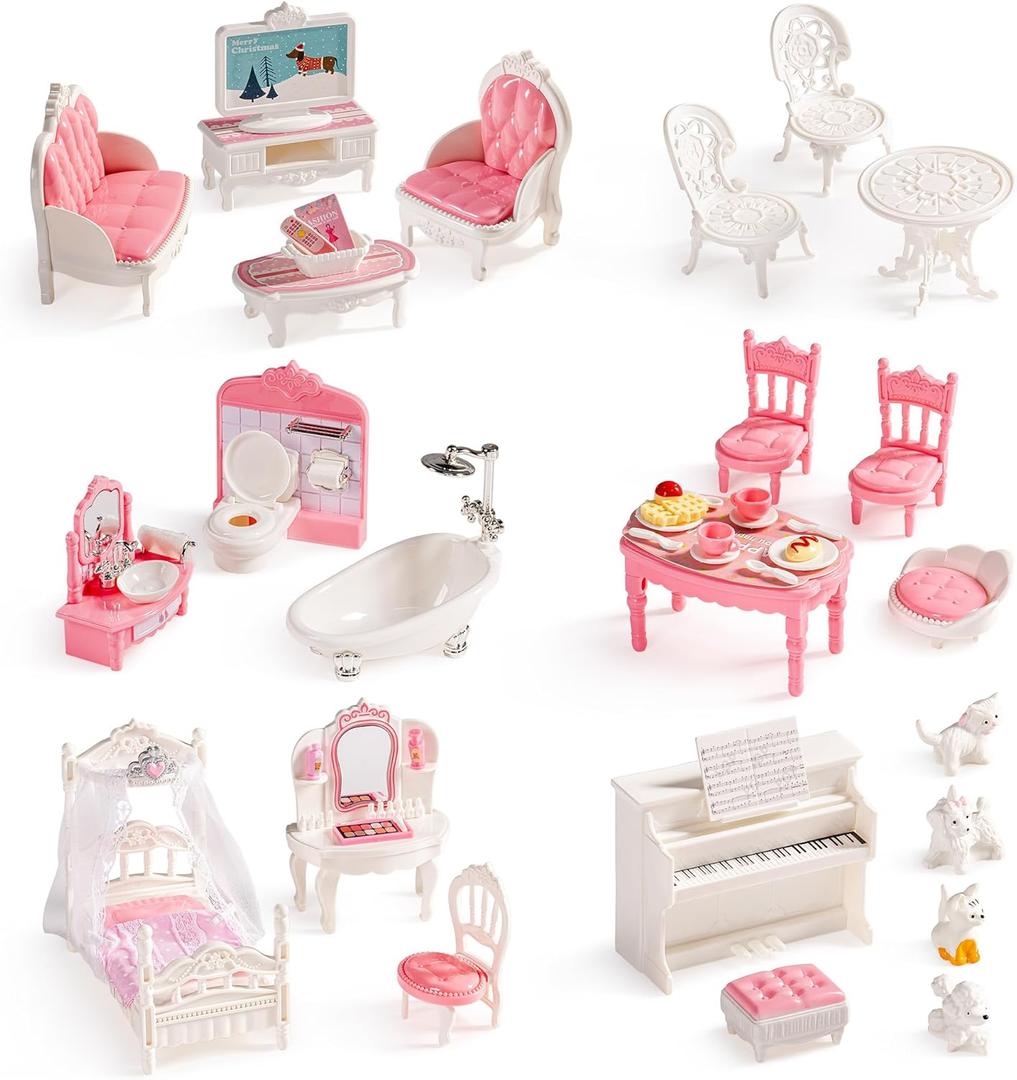 ROBOTIME 26PCS Dollhouse Furniture Set for Kids  Realistic Dollhouse Accessories with 5 Rooms: Living Room, Bedroom, Bathroom, Dining Room & Balcony, for Girls & Boys Ages 3+