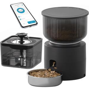 3L Automatic Cat Feeder & 3L Water Dispenser, Stainless Steel Bowl, 2.4G WiFi Pet Feeder with APP Control for Remote Feeding, 1-10 Meals Per Day, Detachable for Easy Clean (Black Suit)