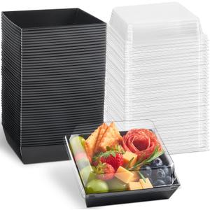 50 Pack 5 Inch Paper Charcuterie Boxes with Clear Lids, Square To Go Cake Slice Containers Small Bakery Boxes for Dessert, Cookies, Sandwich, Strawberries (Black)