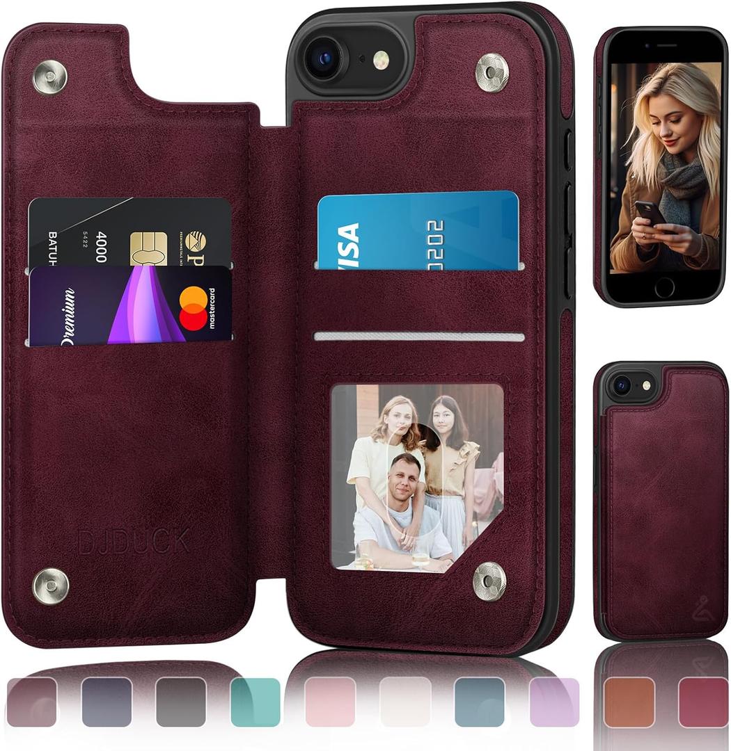 DJDUCK Designed for iPhone 7/8/SE2020/SE2022 Case Wallet with Card Holder, [Magnetic Clasp Cover] [RFID Blocking Leather Protection] Shockproof Women Men Cases 4.7 Inch for Apple 7/8/SE2/SE3, Wine Red