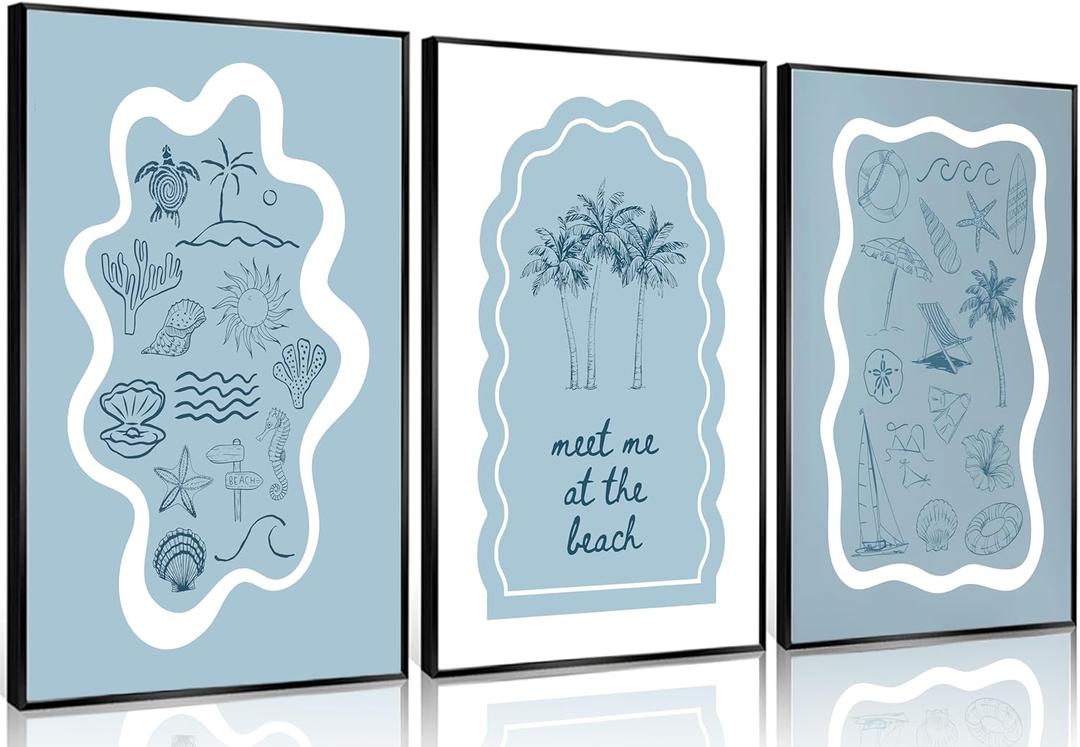 3pcs Blue Trendy Coastal Beach Canvas Wall Art Bikini Seashell MEET ME AT THE BEACH Wall Decor Pictures Coastal Granddaughter Preppy Aesthetic Poster Print for Bedroom Dorm Apartment Home Decoration, 12x16