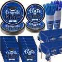 Funnymoom 452 Pcs Class of 2026 Black Blue White Graduation Decoration for 50, Navy Blue Graduation Paper Plates Napkins Cup Tablecloth Cutlery Straw for College High School Congrats Grad Party Supply