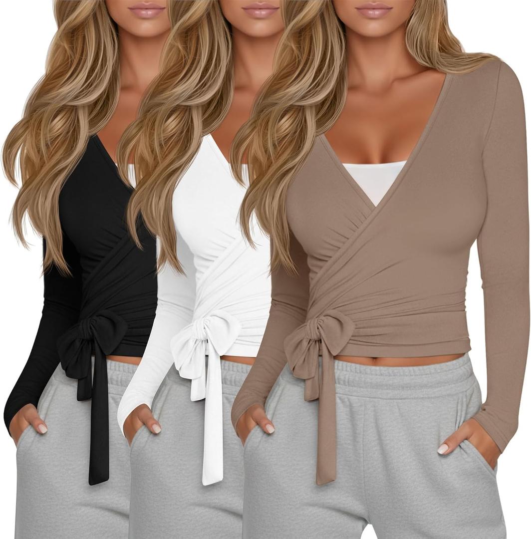 Oakgarden 3 Pack Women's Tie Wrap Tops, Long Sleeve Workout Ballet Yoga Pilates Shirts Deep V Neck Tie Front Y2k Blouses (Medium, Black, White, Light Brown)