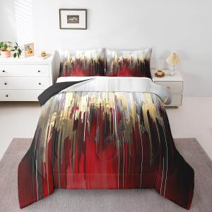 Erosebridal Burgundy Comforter King Graffiti Ombre Bedding Set, Brush Strokes Oil Painting Down Comforter Modern Contemporary Bed Set, Gold Metallic Abstract Gradient Quilted Duvet 3pcs