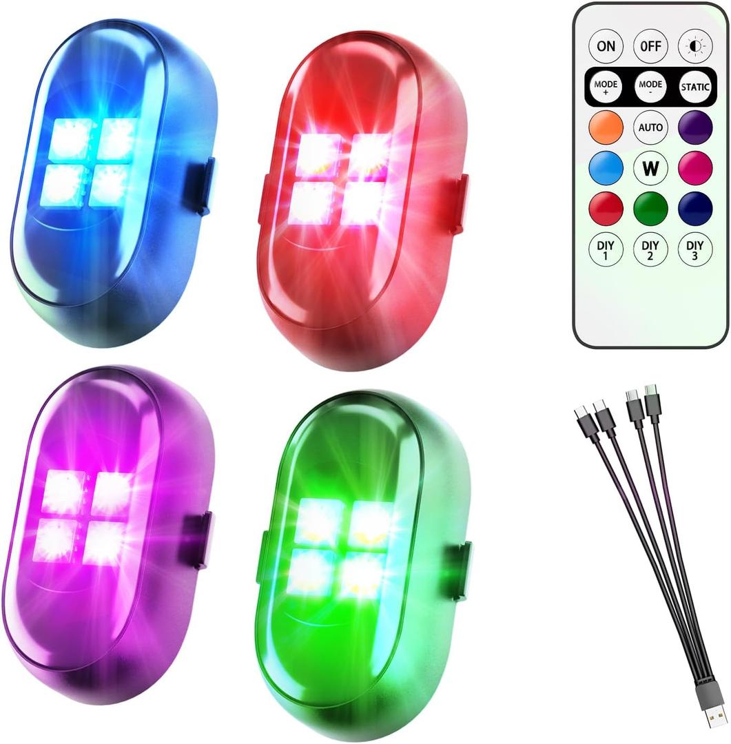 Upgraded Wireless LED Lights for Car, Rechargeable Interior Car Lights with 8 Colors Brightness Adjustable, 12H Battery Life, Remote Control, Mini Strobe Lights for Vehicle Motorcycle Bike Decor