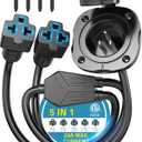 20A 125V RV Shore Power Inlet Plug, 12AWG AC Port Plug w/ 5-IN-1 T-Blade Adapter & Integrated 18" Dual Extension Cord, Waterproof AC Power Inlet Socket Outlet Receptacle for RV, Truck, Boat, Generator