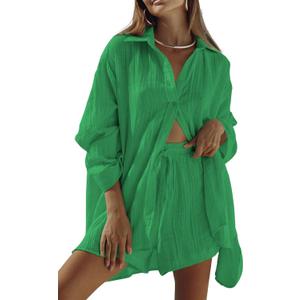Linsery 2 Piece Summer Outfits Button Down Shirt Top and Shorts Casual Lounge Sets (Small, Verdant)