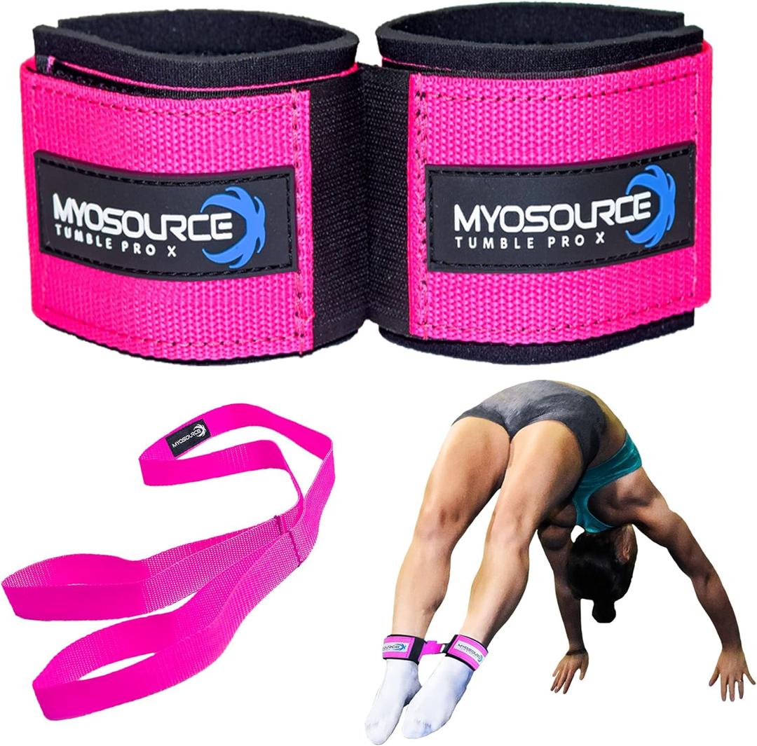 Myosource Kinetic Bands Tumble Pro X Ankle Straps Kit  Cheerleading Standing Tumbling Equipment, Gymnastics Backhandspring Trainer  Includes Flexibility Stunt Stretch Strap  Blue, Pink, Purple