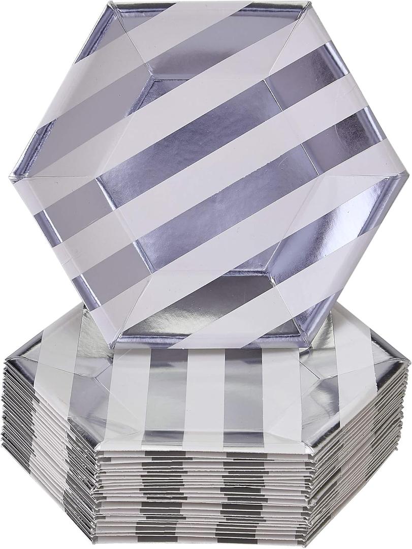 White/Silver Striped Disposable Dinner Plates - 10.25" (Pack of 24) - Heavyweight Paper Construction - Elegant Design for Weddings, Parties & Special Occasions