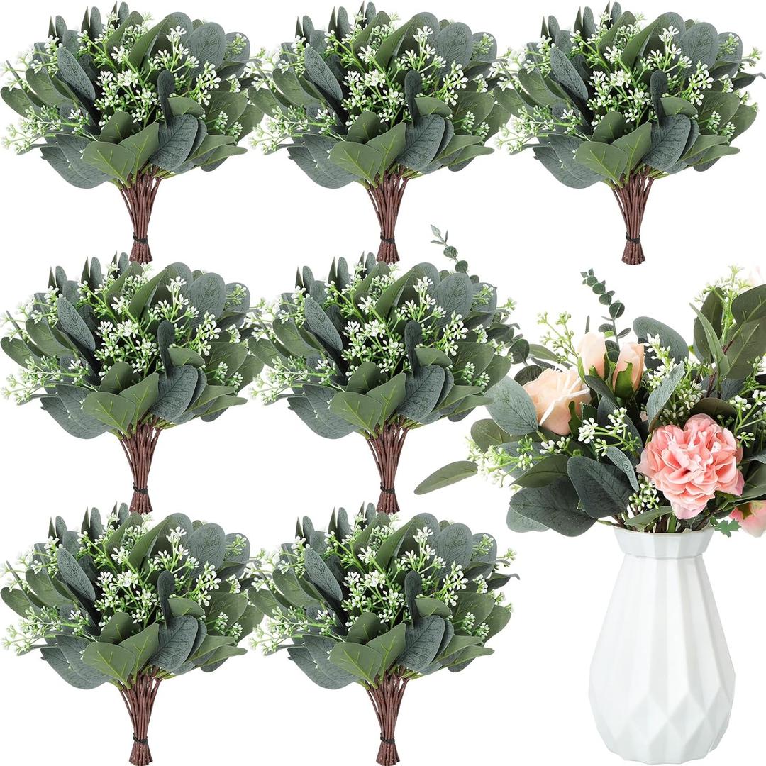 Janinka 20 Pcs Mixed Eucalyptus Leaves Stems Bulk Artificial Eucalyptus Leaves with White Seeds Artificial Silver Dollar Sprays Faux Oval for Floral Wreath Bouquets Wedding Greenery Decoration