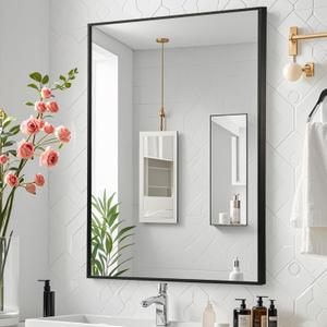 Black Bathroom Mirror, 16"x20" Rectangle Mirror, Matte Black Mirror, Metal Frame Square Corner Vanity Mirror, Wall Mounted Mirror for Modern, Living Room, Bedroom, Horizontal Or Vertical 