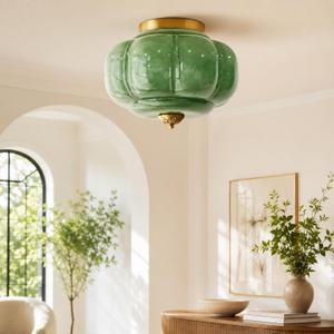 Bofea-Mid Century Semi Flush Mount Ceiling Light Fixture,Green Glass Hallway Light,Vintage Gold Ceiling Light,Antique Brass Lighting Fixture,Close to Ceiling Lamp for Kitchen Entryway Bathroom, 15in