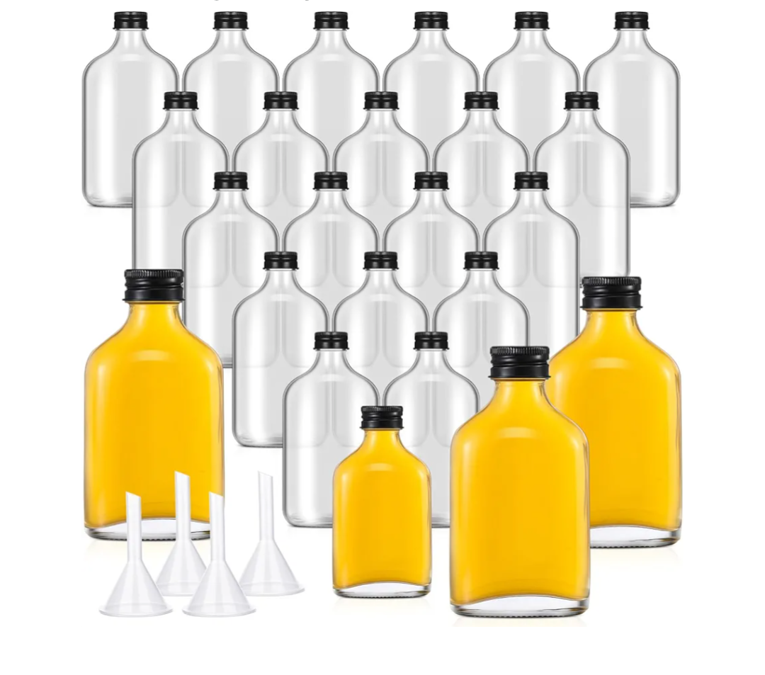 Gejoy 24 Pcs Mini Liquor Bottles Reusable Glass Flask Bottles with Black Caps Clear Empty Alcohol Shot Jars Small Champagne Jars with 4 Funnels for Weddings Party Favors Christmas(6.8 oz)