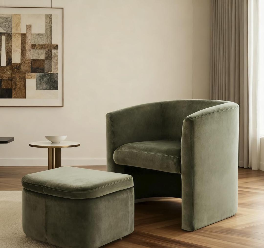 Mid-Century Velvet Living Room Chair with Storage Ottoman, Space-Saving Accent Chairs for Bedroom/Reading Spaces/Office, Green (Set of 1)