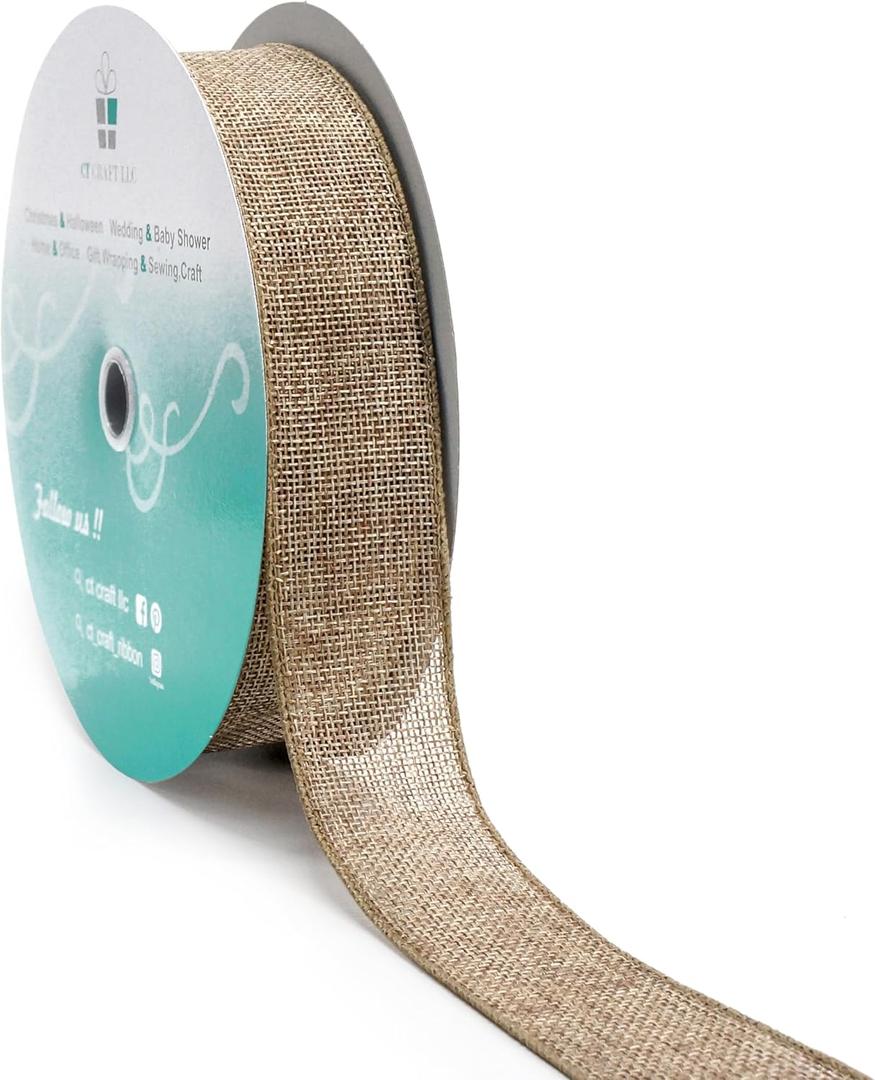 CT CRAFT LLC Burlap Fabric Wired Ribbon 1.5" x 25 Yards Natural Color for Christmas Home Wedding Decor Gift Wrapping Tree Topper Bow Wreath Bouquet DIY Crafts