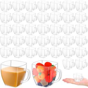 Amyhill Mini Disposable Tea Cups with Handle, 2oz Hard Plastic Coffee Mug Bulk Plastic Square Disposable Espresso Cups for Wedding Tea Party Catering Dessert Sampling(Transparent,100 Pcs)