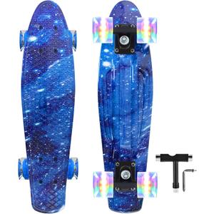 Nattork Skateboards 22 Inch Mini Cruiser Skateboard Complete Retro Skate Boards with Colorful Light Up Wheels for Kids Girls Boys Beginners